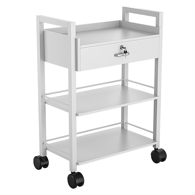 Paddie Salon Beauty Cabinet Cart Trolley 2-Layer Rolling Storage Drawer Organizer Wheels Lockable Tool Salon Station Barber Stylist Equipment Makeup Spa Cart (White-3 Layer)