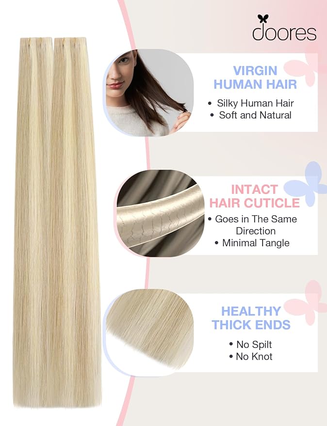 DOORES Invisi Edge Hair Extensions Real Human Hair Tape in, Dark Blonde Highlighted Bleach Blonde 10 Injection Tape-ins with 10 Injection Tape-ins 50g 20 Inch, Injected Tape in