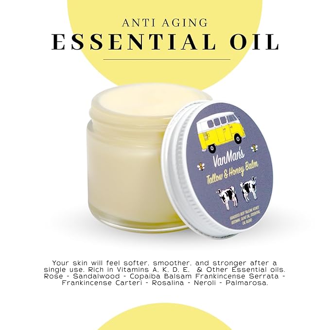 Vanman's Tallow and Honey Balm - Tallow Face Moisturizer with Grass-Fed/Finished Beef Tallow for Skin and Essential Oils, Organic Raw Honey and Beeswax, Cold Pressed Olive Oil - 2.5 oz