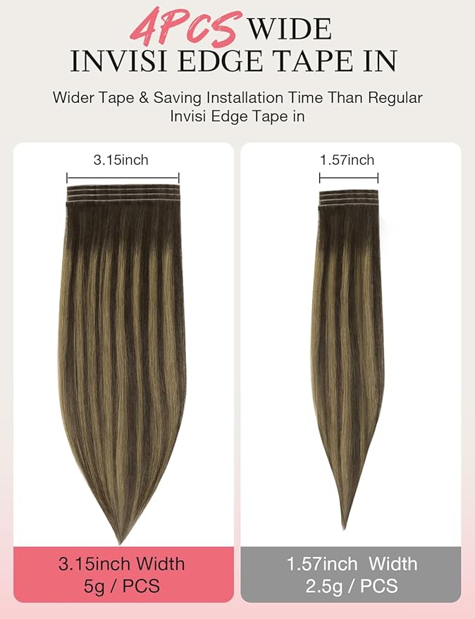 DOORES Invisi Edge Tape in Wide Hair Extensions Human Hair, Chocolate Brown to Caramel Blonde 4PCS Injection Tape ins 20g 18 Inch, Virgin Human 3 Inch Wide Injected Extensions Invisible