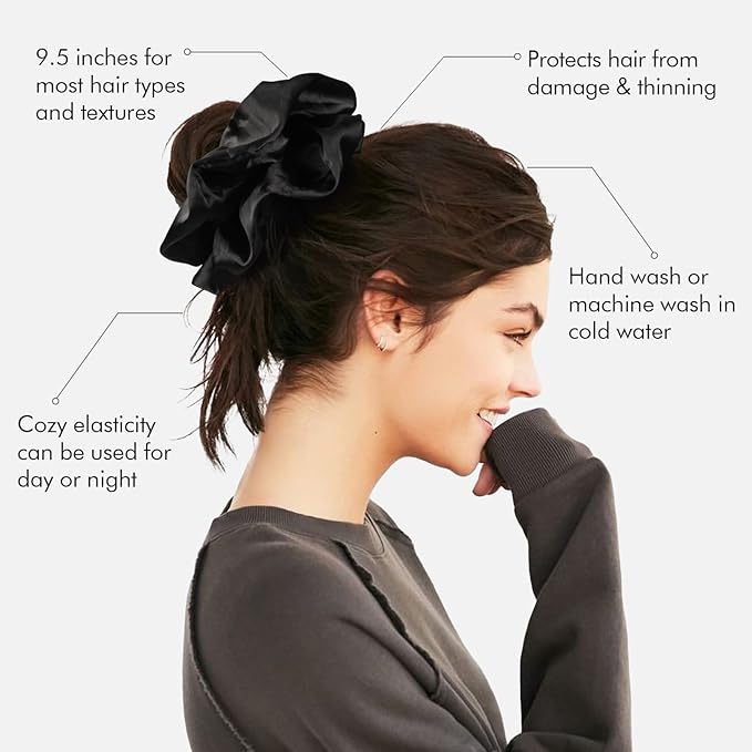 9.5 inch Silk Scrunchies - Jumbo & Giant Satin Scrunchies - Thick Elastic Fluffy Hair Ties for Women & Girls - 3 Pack (Black, Pink, Ivory)