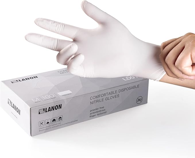 LANON Food Safe White Disposable Nitrile Gloves, Latex-Free, Powder-Free, Textured Fingertips, Cooking, Cleaning, Case, Large