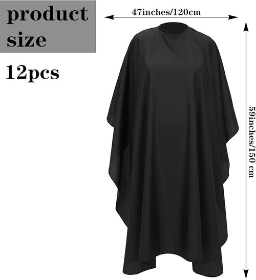 12 Pcs Barber Cape with Adjustable Snap Closure, Waterproof Hair Cutting Cape, 59 x 47 Salon Apron for Women Men, Professional Hair Cutting Salon Capes for Hairstylist Hair Dye, Black