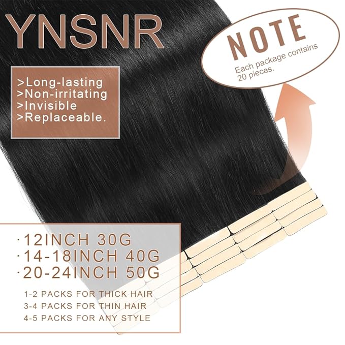 Human Hair Tape in Extensions Jet Black 20 Inch Invisible Tape in Hair Extensions Human Hair for Women Hair Extensions Real Human Hair Tape in