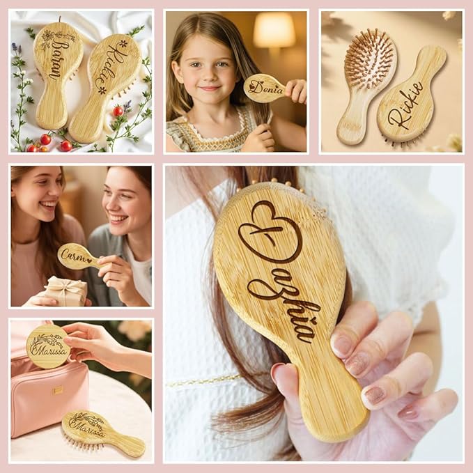 Portable Wooden Hair Brush with Custom Name Engraving, 2 Piece Mini Brushes Gifts for Girls, Daughter, 20 Personalized Design Options, Mirror Option Available