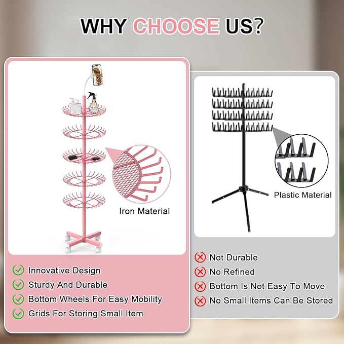 Braiding Hair Rack Standing Hair Extension Holder - 140 Pegs Braiding Hair Rack & Divider Stand with Phone Holder for Displaying and Separating Hair (Pink)