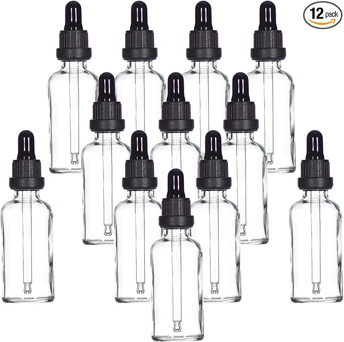 YIZHAO Clear Glass Dropper Bottle 2oz, Tincture Bottles with Glass Dropper, for Essential Oils, Aromatherapy, Cosmetic, Laboratory, Pharmacy, Liquids, Travel –12 Pcs