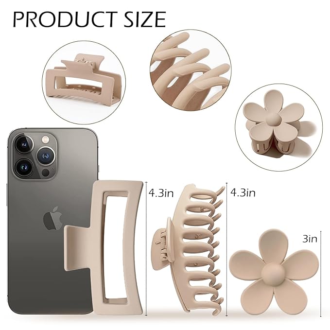 Large Hair Claw Clips, 12 Pack Flower Hair Clips for Thick Hair, Big Square Matte Strong hold for Thin Hair, 3 Styles Claw Hair Clips for Thick Hair