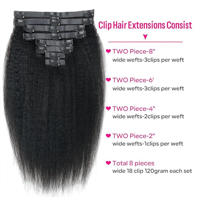 Seamless Kinky Straight Clip in Hair Extensions for Black Women Brazilian Virgin Human Hair Extensions 8Pcs Seamless Clip ins Human Hair with 18Clips Invisible PU Skin Weft 120g 24inch Natural Black