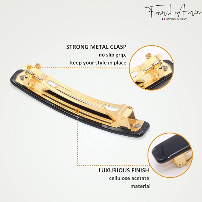 French Amie Small 2 1/4 inch Celluloid Handmade Hair Barrette No Slip Grip Durable Styling Women Hair Accessories Hair Clip for Girls, Made in France(Black)
