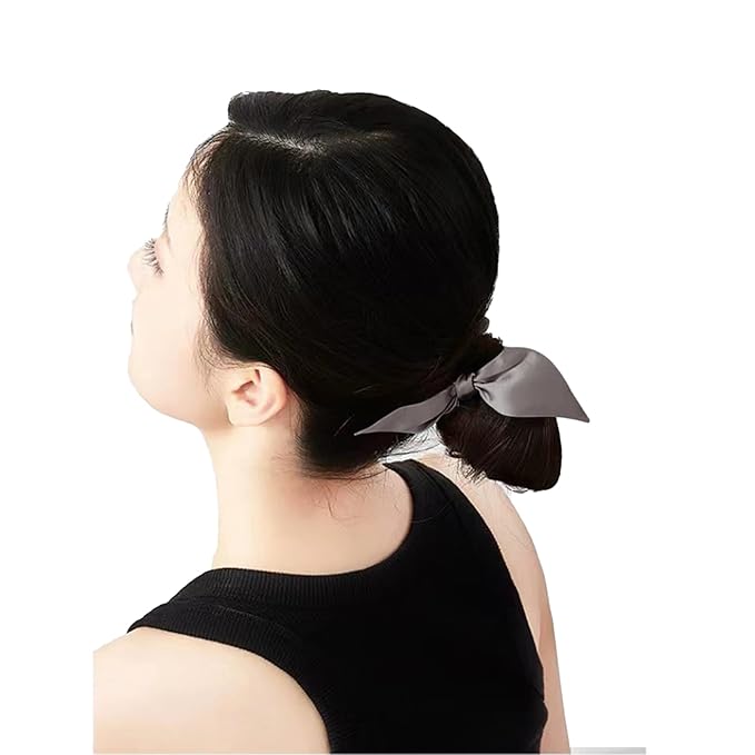 THXSILK Hair Silk Scrunchies with Bow for Women Pure Mulberry Silk Hair Cute Ring Ties Scrunchies for Girls Women's Thick Hair, Charcoal, 2.8"