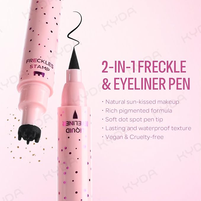 KYDA Freckle Liquid Eyeliner Pen, 2 in 1 Freckles Stamp and Black Liquid Eyeliner, Waterproof and Long lasting Soft Dot Spot Pen Realistic Fake Freckles for Natural Lifelike Sun-kissed Makeup-MEDIUM