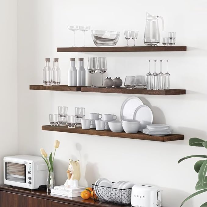 Fun Memories Floating Shelves for Wall, 36"x9.3" Rustic Solid Elm Wood Shelves, Heavy-Duty Wall Mounted Shelves with Invisible Brackets, Set of 2 for Living Room, Bedroom, Kitchen, Walnut Finish