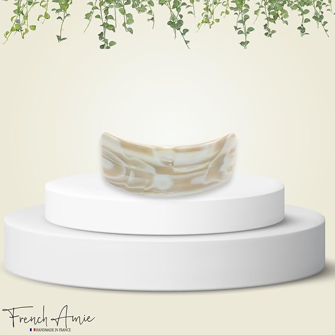 French Amie Broad Curved Oblong Ivory Cream Extra Wide Large Celluloid Acetate Automatic Volume Hair Clip Barrette with Golden Clasp for Women and Girls