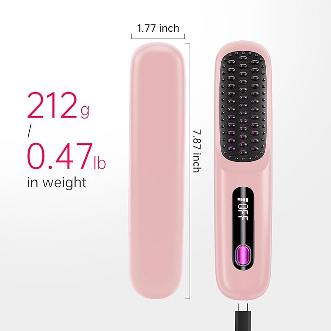 Cordless Hair Straightener Brush for Travel, 200 Million Negative Ionic Portable Hair Straightener Comb for Women with LED Display & 3 Temps, 30s Fast Heating USB Charging Smooth Frizz(Pink
