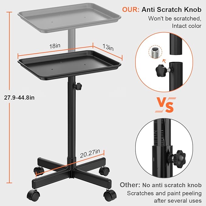 JOSTZHXIN Salon Rolling Tray, Premium Aluminum Tattoo Tray, Salon Rolling Cart Adjustable Height, SPA Service Rolling Trolley Tray for Beauty Hairstylist Dental Clinic,Black
