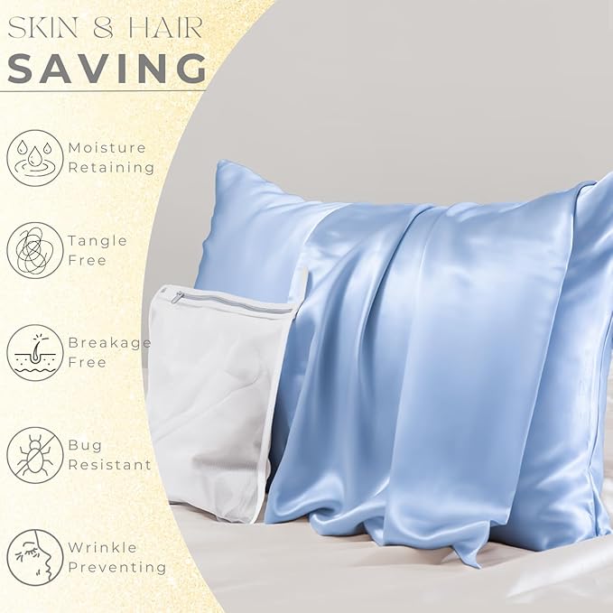 PROMEED Real 23 Momme 100% Silk Pillowcase for Hair and Skin, Both Sides Cooling Premium Grade 6A+ Mulberry Silk Pillow Case with Zipper, 1pc (Standard 20"x26", Light Blue)