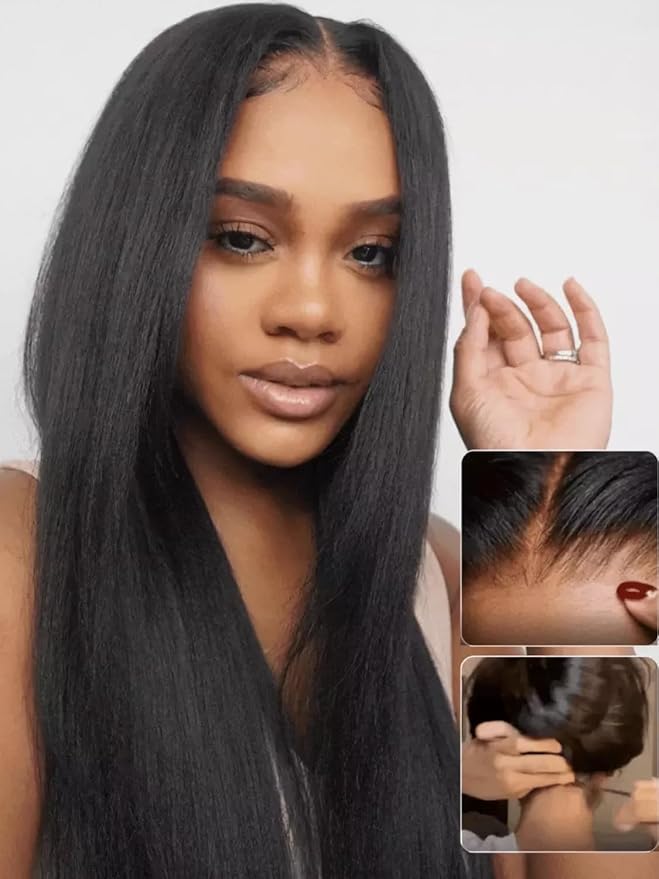 Julia Hair No Slip Yaki Straight 7x5 Lace Closure Glueless Drawstring Wig Flexible Mesh Cap Bye-Bye Slip Pre Cut HD Lace Front Pre Everything Bleached Knots Wear and Go Wig,Zero Slip Hold 18 Inch