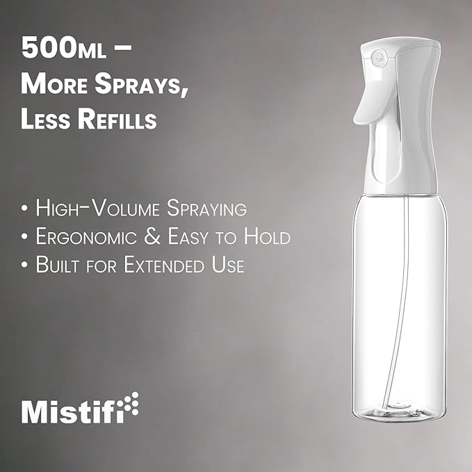 Mistifi Continuous Mist Spray Bottle – Ultra Fine Refillable Water Mister for Hair, Plants, Cleaning, Skincare, Salon & Home Use　(500ml 2Pcs, Transparent bottle)