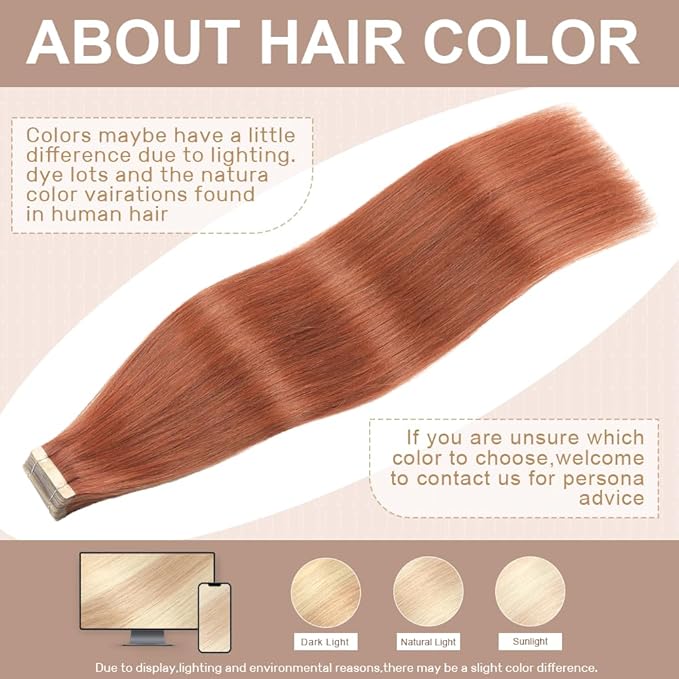 Human Hair Tape in Extensions Dark Reddish Auburn 20 Inch Invisible Tape in Hair Extensions Human Hair for Women Hair Extensions Real Human Hair Tape in