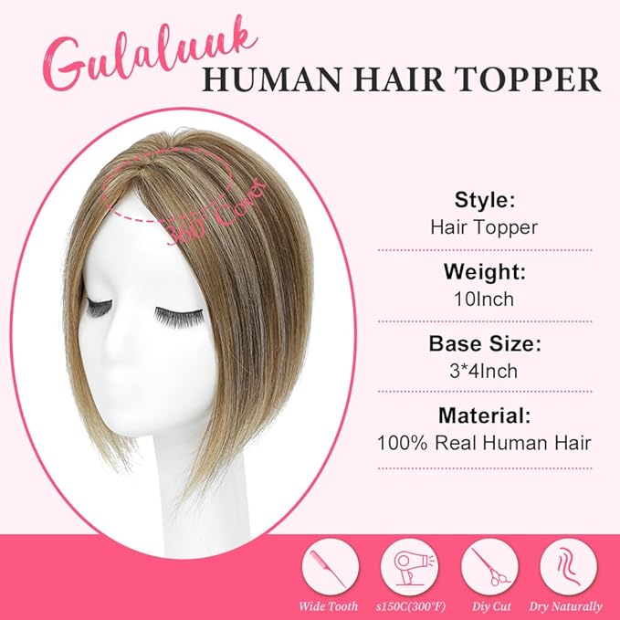 Hair Toppers for Women Real Human Hair Topper for Women with No Bangs Hairpieces Comfortable and Breathable 10 Inch Swiss Base 3D 360°Cover Glue-free (Medium Brown with Highlight)