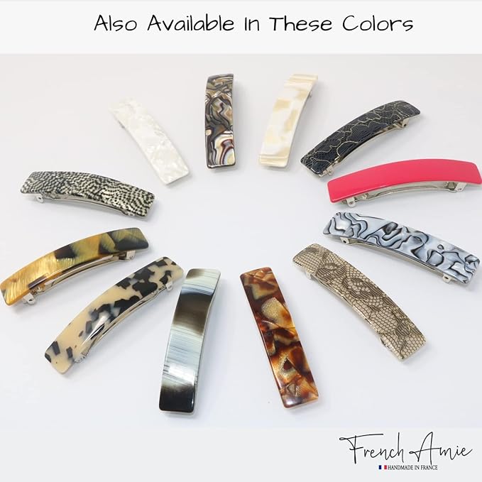 French Amie Oblong 3.5" Celluloid Handmade No Slip Hair Clip Barrette for Women, Made in France (Frost White)