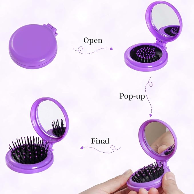 2pcs Folding Travel Mirror Hair Brushes Round Mirror Pocket Hair Brush Portable Mini Pop Up Hair Brushes for Women Girls Wet and Dry Hair (Purple, Black)