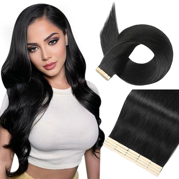 Tape in Hair Extensions Human Hair 16 Inch 20pcs Tape in Hair Extensions Invisible Real Human Hair Jet Black Remy Seamless Injected