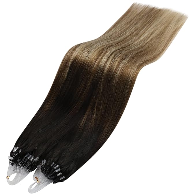 YoungSee Micro Bead Hair Extensions Real Human Hair Balayage Microbead Hair Extensions Dark Brown Ombre Medium Browns with Blonde Beaded Hair Extension 22In Pre Bonded Hair Extension 50g 50s