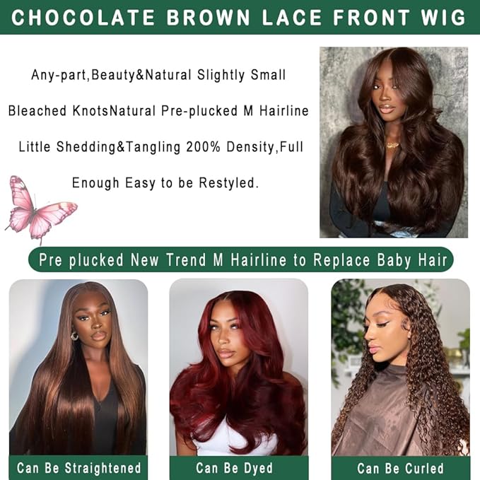 28 Inch 13x6 Chocolate Brown Lace Front Wigs Body Wave Wig Colored Brown Wigs Human Hair Pre Plucked New Trend M Hairline 200% Density Glueless Wigs For Women Lace Front Wigs