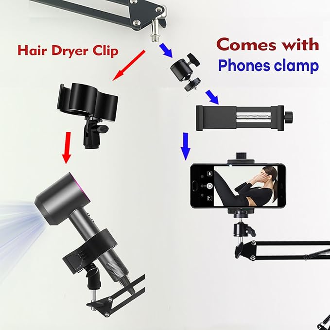 Hair Dryer Stand Holder Rotate Hands Free Hair Dryer Stand Holder，Adjustable Hands Free Blow Dryer Holder，Blow Dryer Stand Hands Free Clip Suitable for 99%