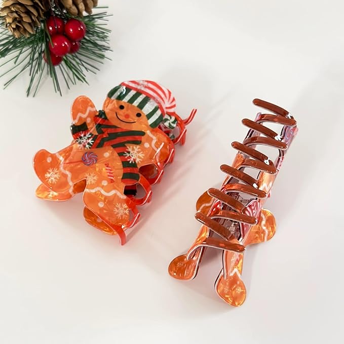 Christmas Hair Clips Gingerbread Man Hair Claw Clips Cute Snowflake Candy Cane Christmas Hair Barrettes Gingerbread Man Claw Clip with Green Hat Scarf Design Winter Xmas New Year Hair Accessories