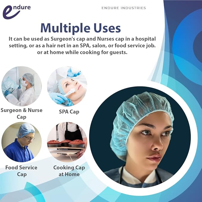Endure Disposable Bouffant cap- Blue, Hair Head Cover Net, Handmade, Nonwoven PP, Case of 400 (21")