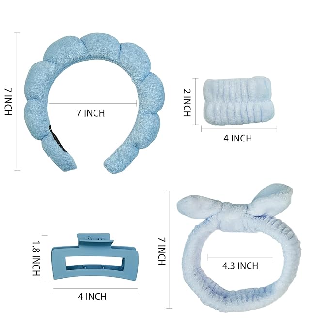 7 Pcs Spa Set, Facial Headband and Wristband Set, Skincare Accessories, College Style Girl Idea Gifts, Hair Accessories for Women and Girls (Blue)