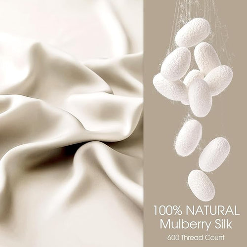 100% Silk Pillow Cases 2 Pack King Size Mulberry Silk Pillowcase for Hair and Skin Set of 2 Highest Grade 6A Silk Soft Breathable Cooling with Hidden Zipper, Beige