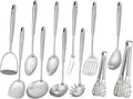 18/10 Stainless Steel Kitchen Utensils Set - 12 PCS All Metal Cooking Tools & 15″ Serving Utensils - Potato Masher, Meat Fork, Tongs, Turner, Pasta, Serving Spoon, Skimmer, Ladle, Spatula Spoon Set