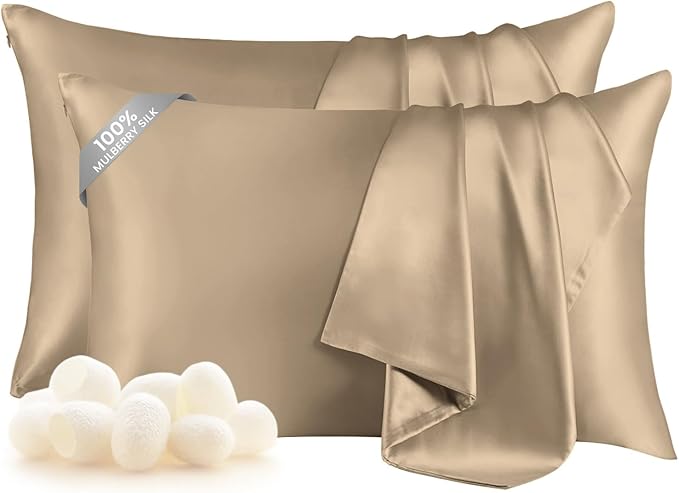 THXSILK Set of 2 100% Mulberry Silk Pillowcase for Hair and Skin, Grade 6A+ Mulberry Silk Pillow Cases Ultra-Soft, Hypoallergenic Pillow Case Cover with Zipper (Queen 20"x30", Taupe)