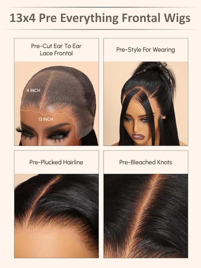 Julia Hair Body Wave Glueless 13x4 Lace Front Wigs Human Hair 12A Pre Cut Lace Frontal Wig Pre Bleached Bye Bye Knots Pre Everything Put on and Go 180% Density Fast Wear Wigs Natural Color 24 Inch