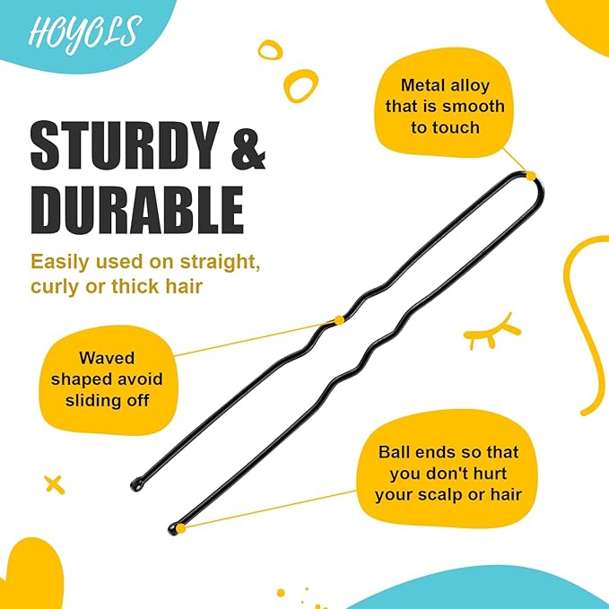 HOYOLS U Shaped Hair Bobby Pins Assorted Size, Secure Hold Metal Bun Clips Crimped Design with Ball Tips for Women Girls Updo Thin Thick Hair, 150 Count (Black)