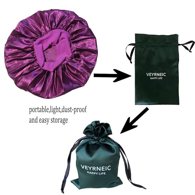 VEYRNEIC Hair Satin Bonnet for Sleeping Shower Caps Silk Chemo Caps with Wide Elastic Band Night Sleep Cap Bonnets for Black Women Braids (Dark Purple)