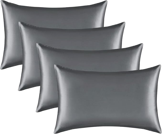 Satin Silk Pillowcase for Hair and Skin, Black Pillow Cases Standard Size Set of 4 Pack Super Soft Pillow Case with Zipper Closure (Gray, King (4 Pack))