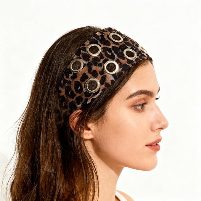 2pack Leopard Grommet Wide Headband Y2K Punk Hollow Out Eyelets Metal Hairband Leopard Print Elastic Hair Accessories For Women Girls
