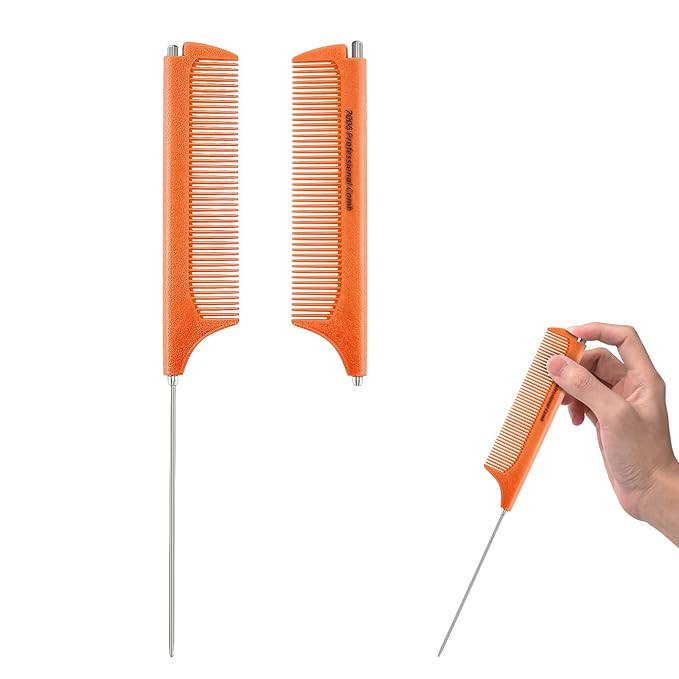Rat Tail Combs for Parting, Protable Retractable Rat Tail Comb, Parting Combs for Hair Stylist, Fine Tooth Teasing Comb Stainless Steel Pin Tail, Easy to Carry (1 Pack-Orange)