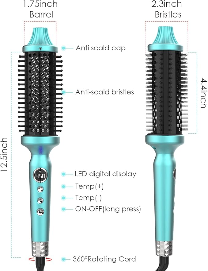 1 3/4 Inch Thermal Brush Negative Ion Heated Round Brush Dual Voltage 12 Temperature Settings Curling Hairbrush for Long Hair (1.75 Inch Barrel 2.3 Inch Bristles)