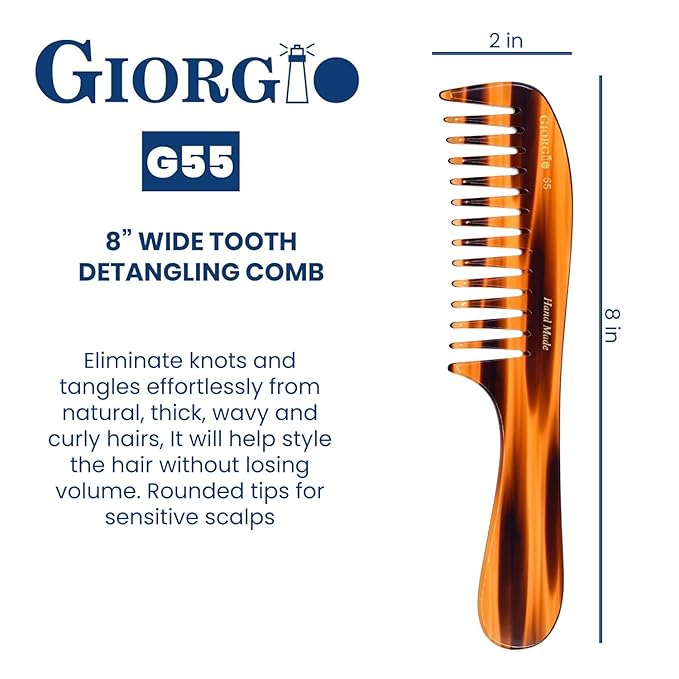 Giorgio G55 Wide Tooth Comb for Wet Hair Detangling, Hair Combs for Thin to Medium Thickness Hair Detangler, Hair Combs for Women, Handmade Large Tooth Rake Comb Saw-Cut and Hand Polished