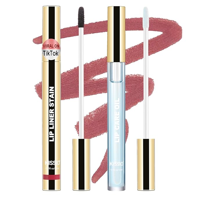 KISSIO Lip Stain Set,Peel Off Lip Liner Stain and Lip Care Oil,Transfer Proof,Long Lasting and Waterproof Lip Tint,Matte Finish,Lip Combo,03 Coral Red