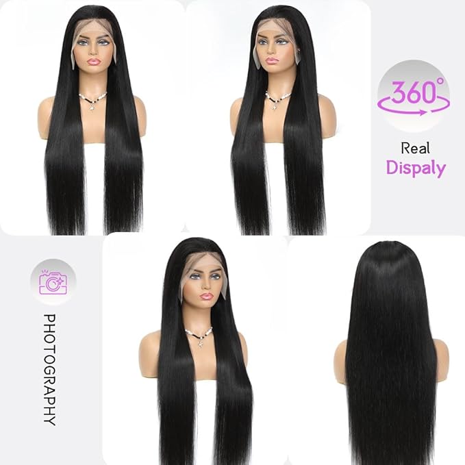30 Inch 13x6 Lace Front Wigs Human Hair Full Real Virgin Hair 3X Longer Life Straight Wigs Human Hair 200% Density Soft Silky Smooth HD Lace Frontal Wig Tangle-Free Natural Black