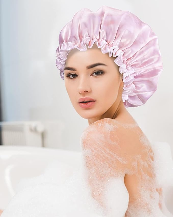 Aquior Shower Caps, Reusable Shower Cap for Women, Double Layer Waterproof Bonnet Hair Cap, Large Size for All Hair Lengths,for Girls Spa Home Salon Use (Pink Cloud)