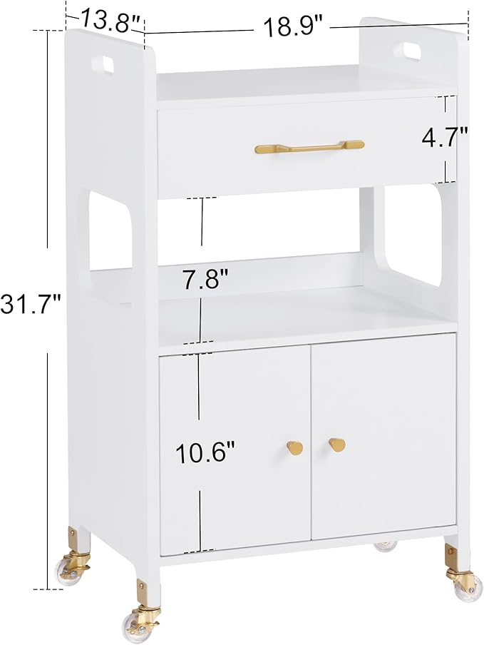 BarberPub Hair Salon Rolling Trolley for Storage, Barber Cart with Cabinet & Lockable Wheels, Beauty Spa Utility Styling Tools Organizer 2494 (White)