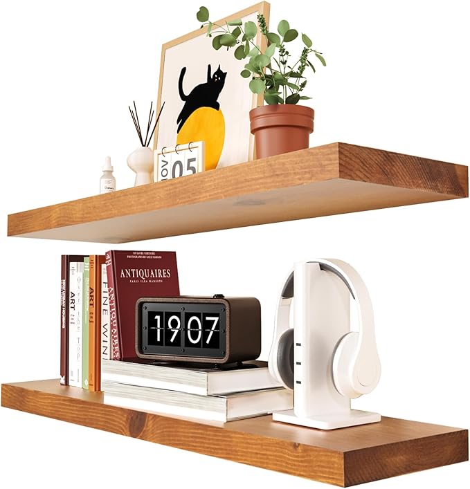Habudda Floating Shelves, Wall Shelf for Bathroom Bedroom Kitchen, Natural Pine Real Wooden Shelves, Wall Mounted, 100% Pine, Set of 2, 30 Inches Long, Honey Oak